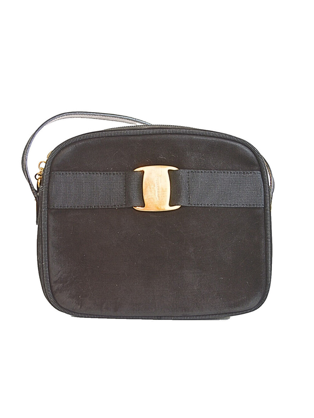 Salvatore Ferragamo Vala Shoulder Bag Suede Black Gold Auth